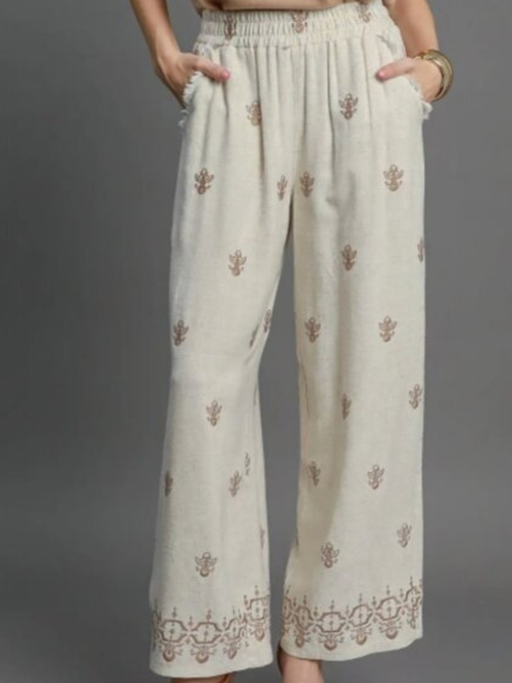 UMGEE Embroidered Cream/Taupe Linen Blend Wide-Leg Lounge/Resort Wear Pants